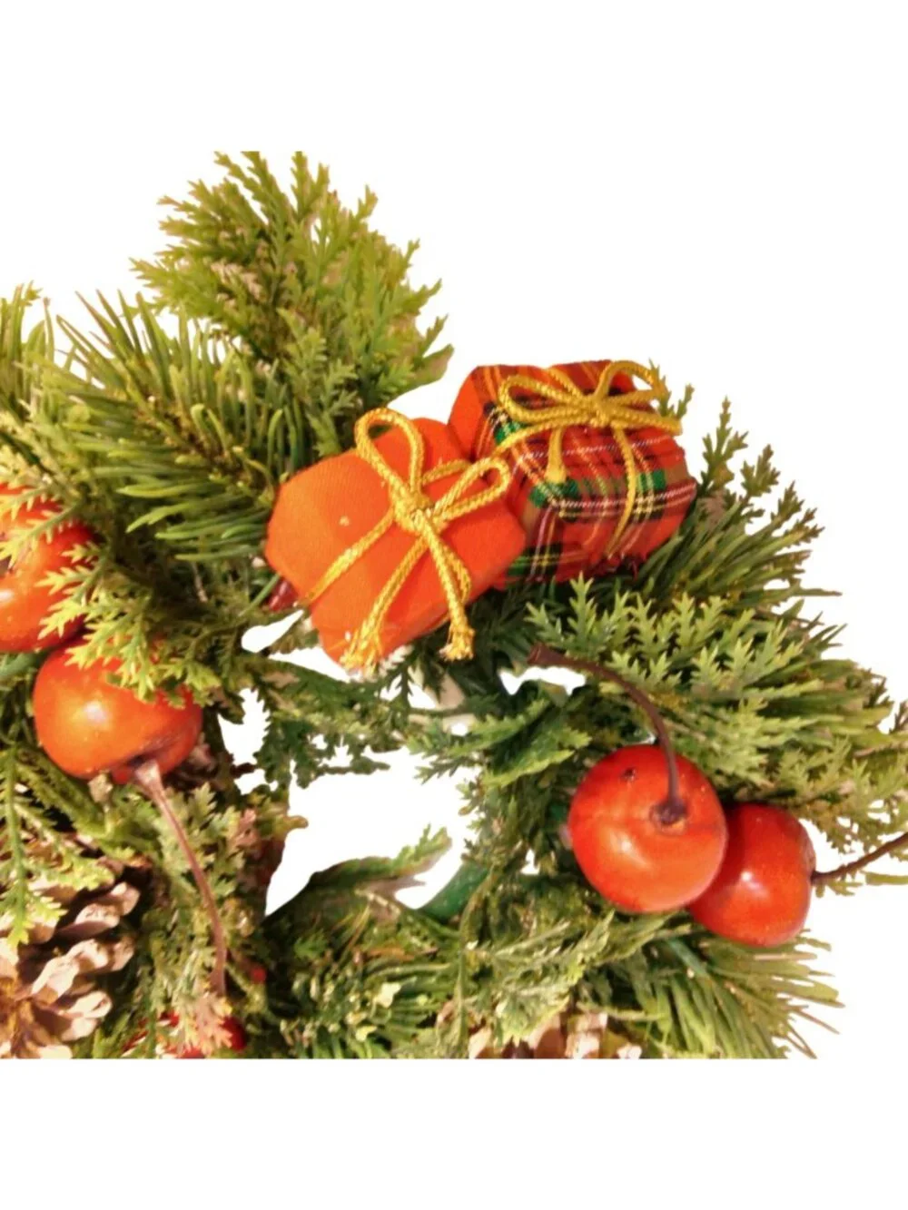 Pillar Candle Ring Green Pine cone Needles Apples Wrapped Gifts